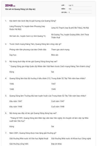 Vài nét về Quang Dũng (có đáp án)