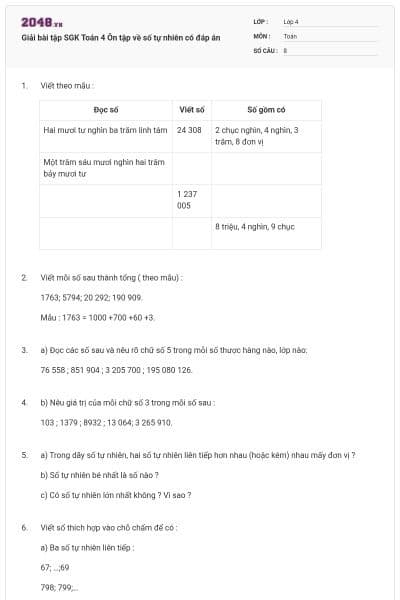 Giải bài tập SGK Toán 4 Ôn tập về số tự nhiên có đáp án