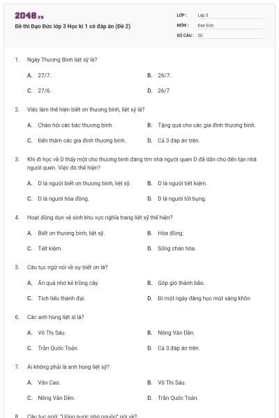 Đề thi Đạo Đức lớp 3 Học kì 1 có đáp án (Đề 2)