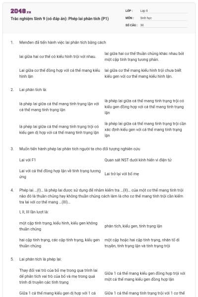 Trắc nghiệm Sinh 9 (có đáp án): Phép lai phân tích (P1)