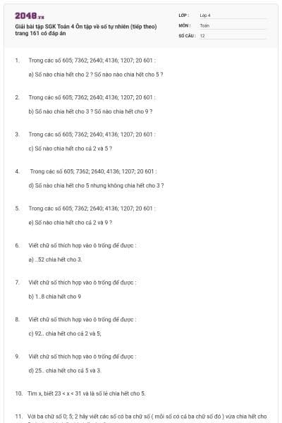 Giải bài tập SGK Toán 4 Ôn tập về số tự nhiên (tiếp theo) trang 161 có đáp án