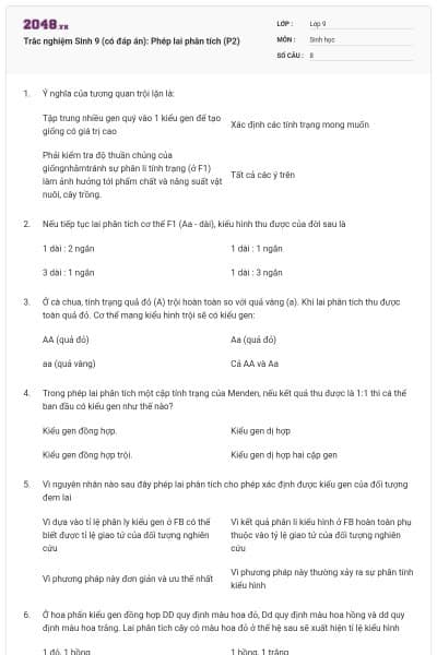 Trắc nghiệm Sinh 9 (có đáp án): Phép lai phân tích (P2)