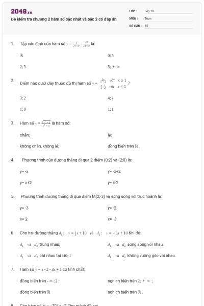 Đề kiểm tra chương 2 hàm số bậc nhất và bậc 2 có đáp án