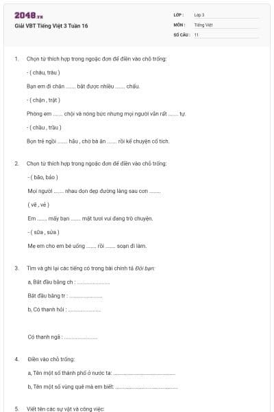 Giải VBT Tiếng Việt 3 Tuần 16