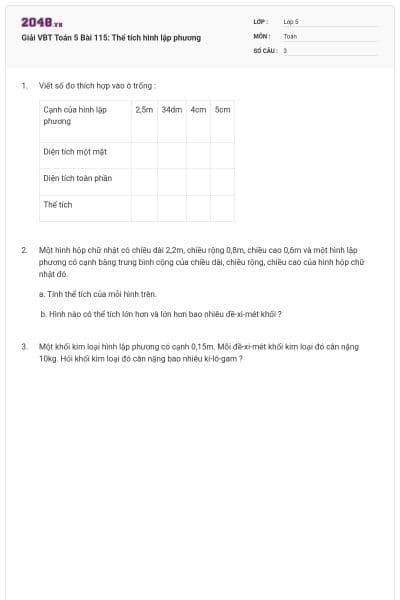 Giải VBT Toán 5 Bài 115: Thể tích hình lập phương