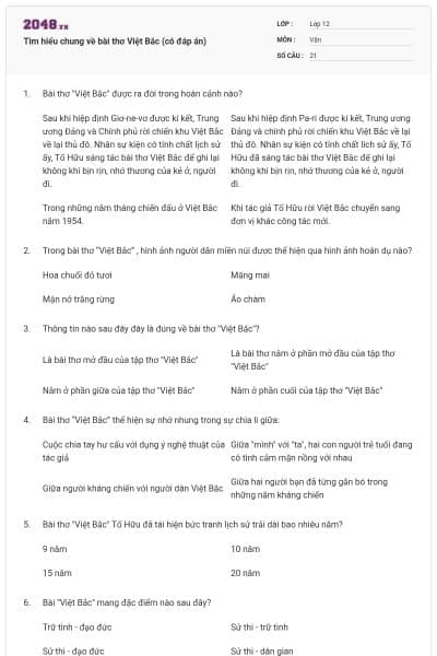 Tìm hiểu chung về bài thơ Việt Bắc (có đáp án)