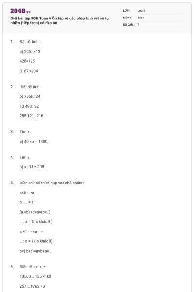 Giải bài tập SGK Toán 4 Ôn tập về các phép tính với số tự nhiên (tiếp theo) có đáp án