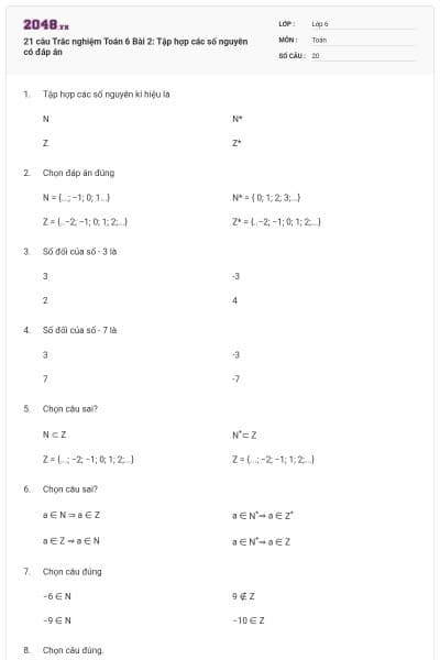 21 câu Trắc nghiệm Toán 6 Bài 2: Tập hợp các số nguyên có đáp án
