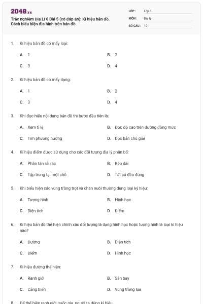 Trắc nghiệm Địa Lí 6 Bài 5 (có đáp án): Kí hiệu bản đồ. Cách biểu hiện địa hình trên bản đồ