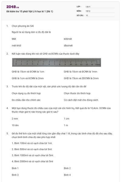 Đề kiểm tra 15 phút Vật Lí 6 học kì 1 (Đề 1)