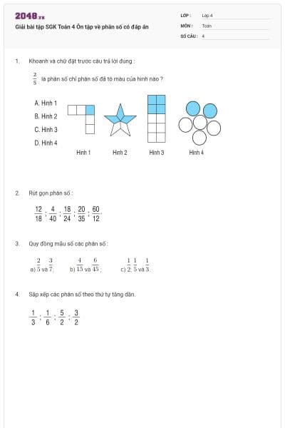 Giải bài tập SGK Toán 4 Ôn tập về phân số có đáp án
