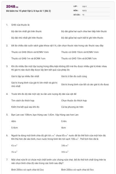 Đề kiểm tra 15 phút Vật Lí 6 học kì 1 (Đề 2)