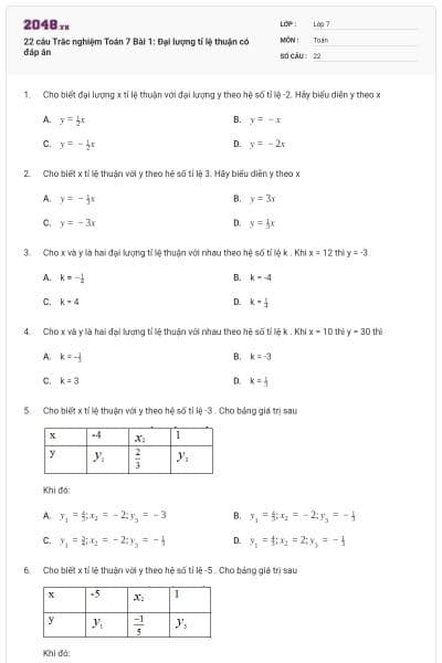 22 câu Trắc nghiệm Toán 7 Bài 1: Đại lượng tỉ lệ thuận có đáp án