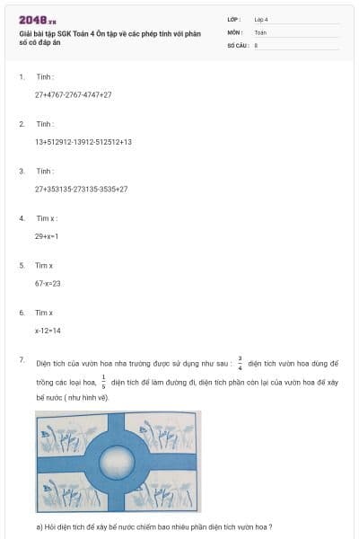 Giải bài tập SGK Toán 4 Ôn tập về các phép tính với phân số có đáp án