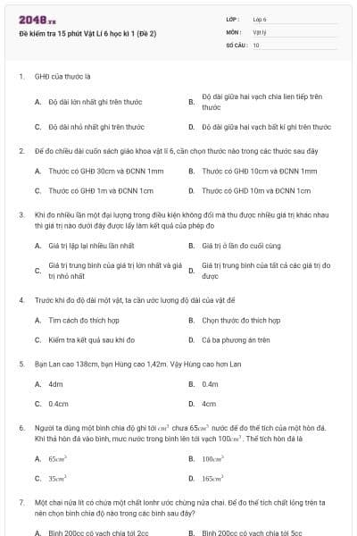 Đề kiểm tra 15 phút Vật Lí 6 học kì 1 (Đề 2)