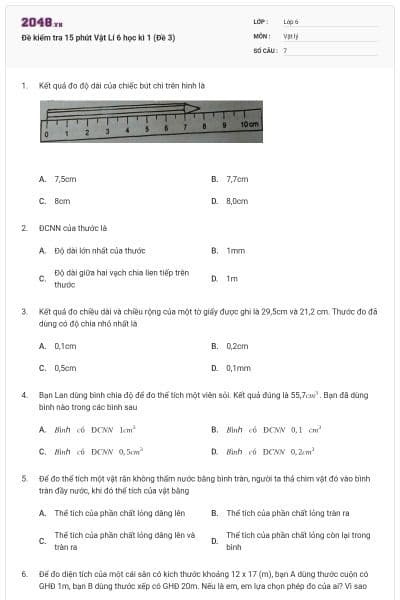 Đề kiểm tra 15 phút Vật Lí 6 học kì 1 (Đề 3)