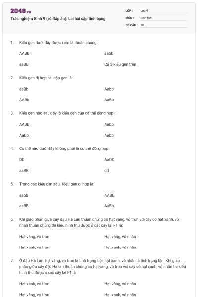 Trắc nghiệm Sinh 9 (có đáp án): Lai hai cặp tính trạng