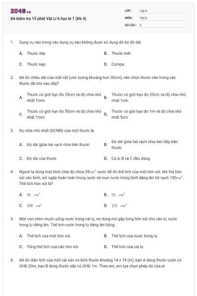 Đề kiểm tra 15 phút Vật Lí 6 học kì 1 (Đề 4)