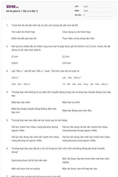 Đề thi giữa kì 1 Vật Lí 6 (Đề 1)