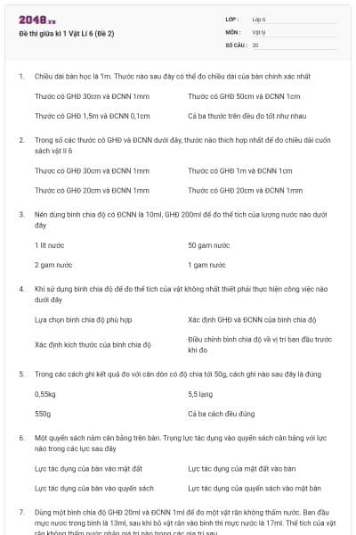 Đề thi giữa kì 1 Vật Lí 6 (Đề 2)