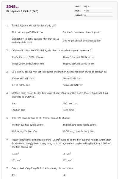 Đề thi giữa kì 1 Vật Lí 6 (Đề 3)