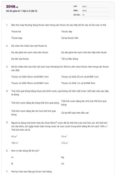 Đề thi giữa kì 1 Vật Lí 6 (Đề 4)
