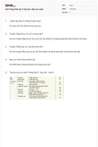 Giải Tiếng Việt lớp 2 Tập đọc: Mục lục sách