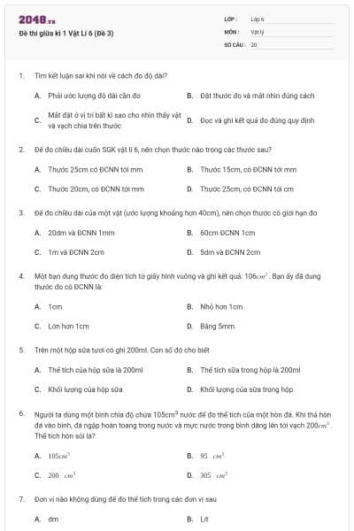 Đề thi giữa kì 1 Vật Lí 6 (Đề 3)