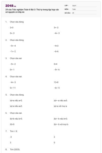 29 câu Trắc nghiệm Toán 6 Bài 3: Thứ tự trong tập hợp các số nguyên có đáp án