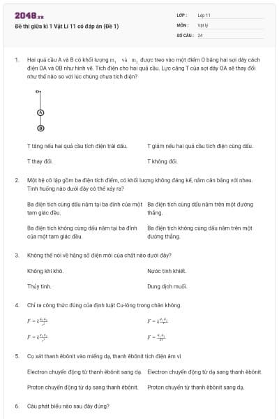 Đề thi giữa kì 1 Vật Lí 11 có đáp án (Đề 1)
