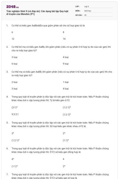 Trắc nghiệm Sinh 9 (có đáp án): Các dạng bài tập Quy luật di truyền của Menđen (P1)