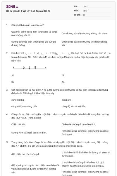 Đề thi giữa kì 1 Vật Lí 11 có đáp án (Đề 2)