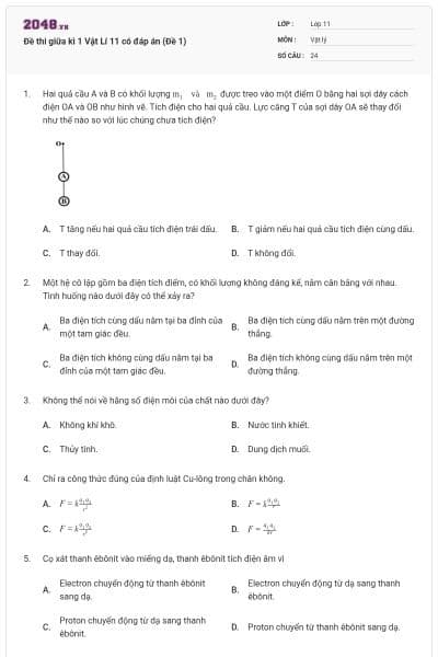 Đề thi giữa kì 1 Vật Lí 11 có đáp án (Đề 1)