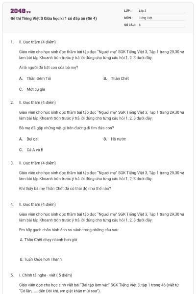 Đề thi Tiếng Việt 3 Giữa học kì 1 có đáp án (Đề 4)