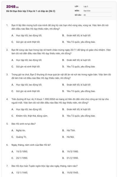 Đề thi Đạo Đức lớp 3 Học kì 1 có đáp án (Đề 3)