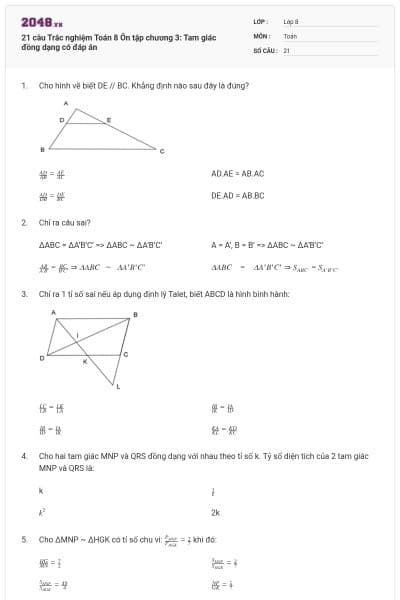 21 câu Trắc nghiệm Toán 8 Ôn tập chương 3: Tam giác đồng dạng có đáp án