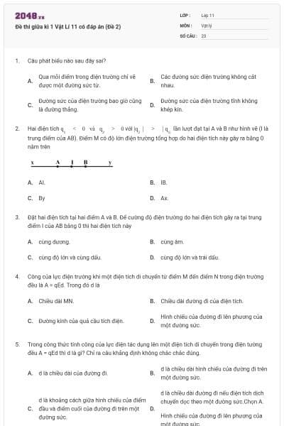 Đề thi giữa kì 1 Vật Lí 11 có đáp án (Đề 2)