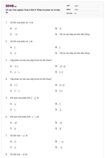 25 câu Trắc nghệm Toán 6 Bài 9: Phép trừ phân số có đáp án