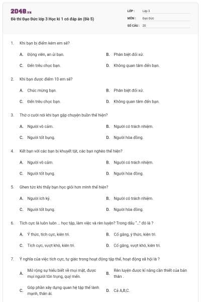 Đề thi Đạo Đức lớp 3 Học kì 1 có đáp án (Đề 5)