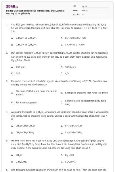 Bài tập Dẫn xuất halogen của hidrocacbon, ancol, phenol cực hay có lời giải (P5)