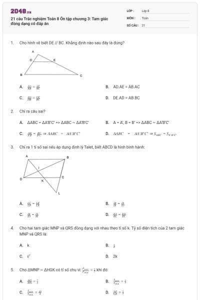 21 câu Trắc nghiệm Toán 8 Ôn tập chương 3: Tam giác đồng dạng có đáp án