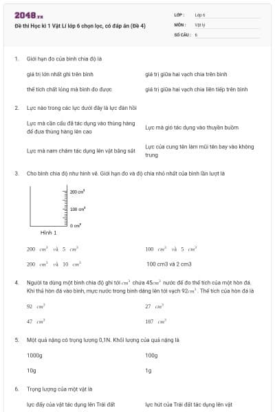 Đề thi Học kì 1 Vật Lí lớp 6 chọn lọc, có đáp án (Đề 4)