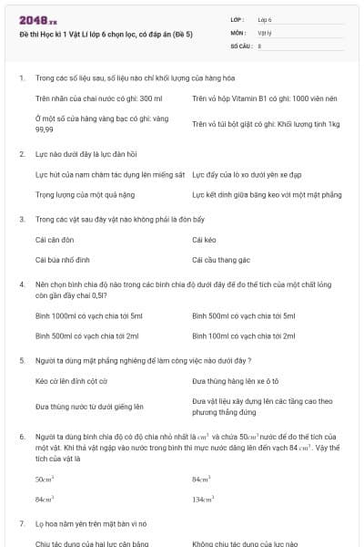 Đề thi Học kì 1 Vật Lí lớp 6 chọn lọc, có đáp án (Đề 5)