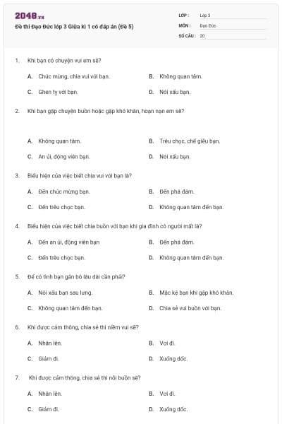 Đề thi Đạo Đức lớp 3 Giữa kì 1 có đáp án (Đề 5)