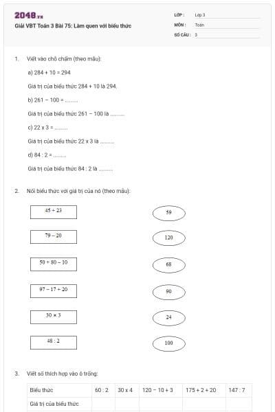 Giải VBT Toán 3 Bài 75: Làm quen với biểu thức