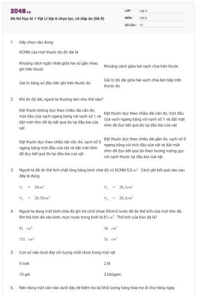 Đề thi Học kì 1 Vật Lí lớp 6 chọn lọc, có đáp án (Đề 8)