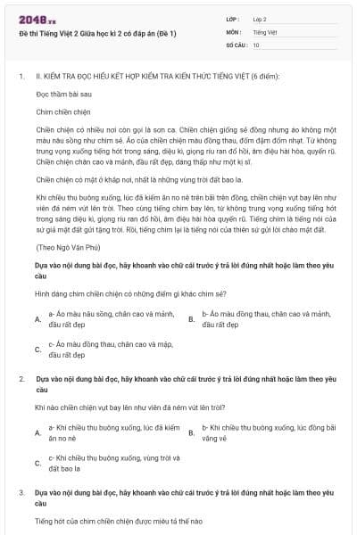 Đề thi Tiếng Việt 2 Giữa học kì 2 có đáp án (Đề 1)