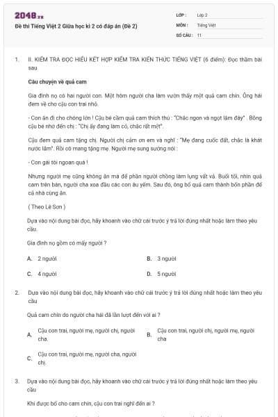 Đề thi Tiếng Việt 2 Giữa học kì 2 có đáp án (Đề 2)