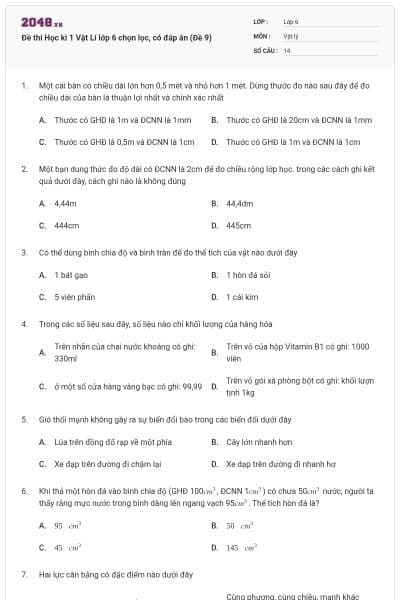 Đề thi Học kì 1 Vật Lí lớp 6 chọn lọc, có đáp án (Đề 9)