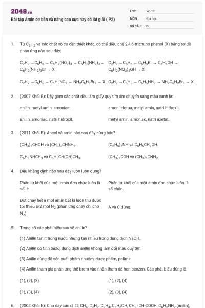 Bài tập Amin cơ bản và nâng cao cực hay có lời giải ( P2)